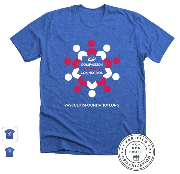 Front of 2025VAM tshirt that is blue with red and white grahpic with Compassion, Community and Connection text, as well as VasculitisFoundation.org