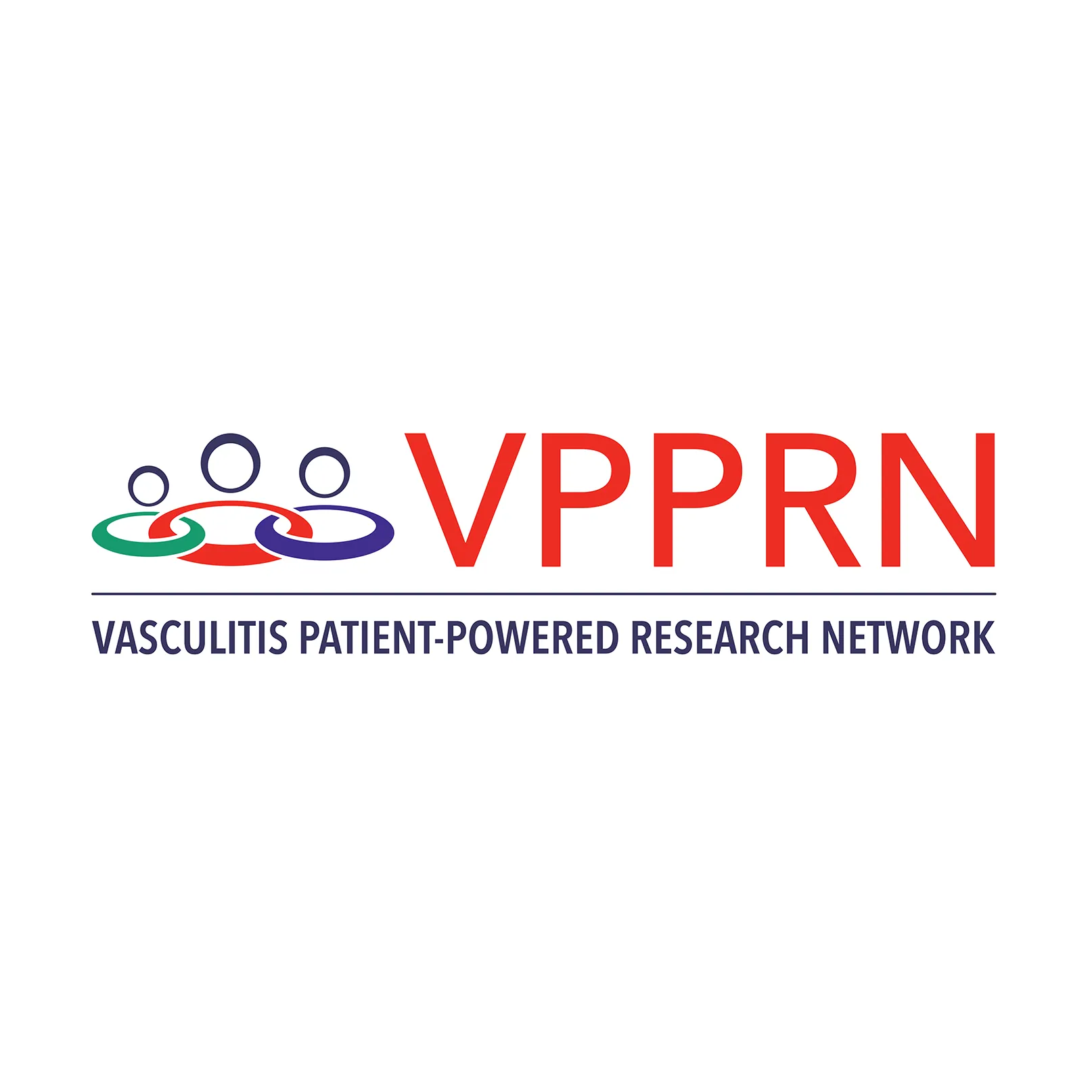 Logo of the Vasculitis Patient-Powered Research Network (VPPRN). The logo includes three abstract human figures in a circle formation, each connected by interlocking rings in green, red, and purple. To the right, the acronym "VPPRN" appears in bold red letters, with the full name "Vasculitis Patient-Powered Research Network" written below in navy blue capital letters.