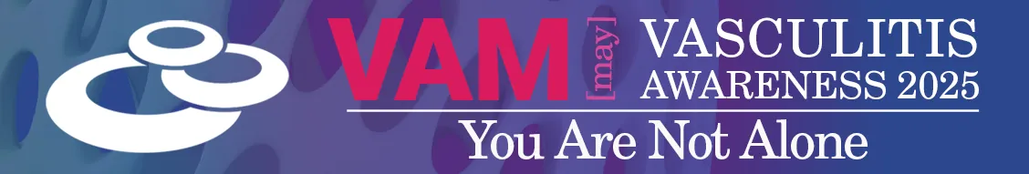 Graphic for Vasculitis Awareness Month 2025. A white abstract circular logo appears on the left over a gradient background with a 3D mesh texture in blue and purple tones. On the right, bold pink and white text reads: “VAM [May] Vasculitis Awareness 2025 – You Are Not Alone.”