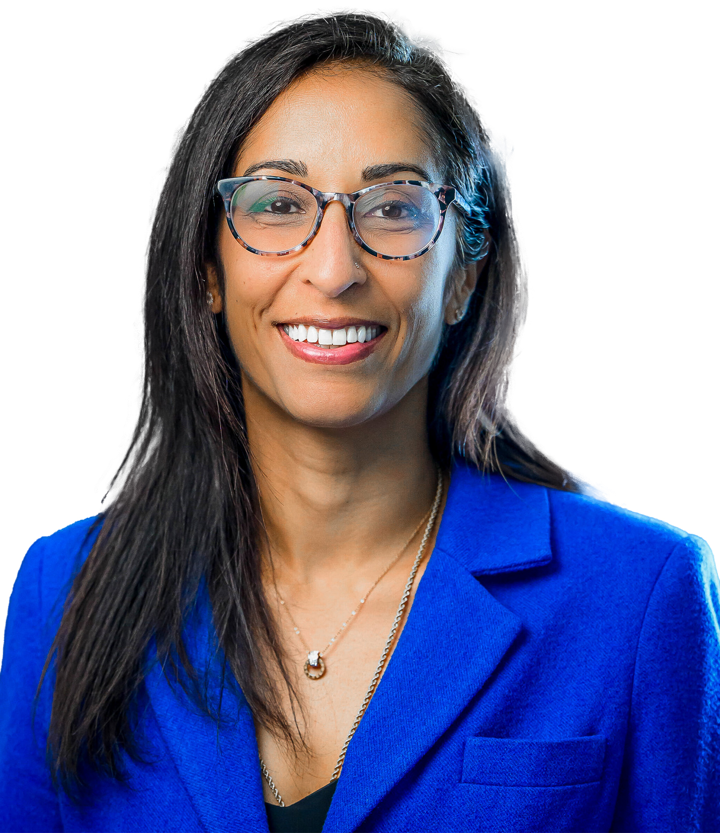 A woman with long dark hair wearing glasses and a bright blue blazer, smiling against a white background.