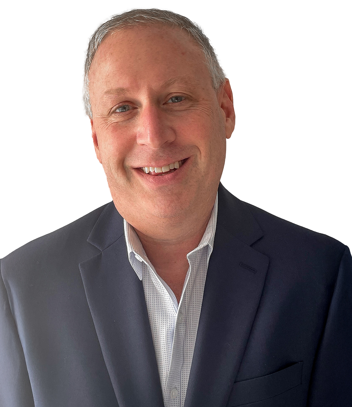 A man with short gray hair in a dark suit jacket and light-colored shirt, smiling against a white background.