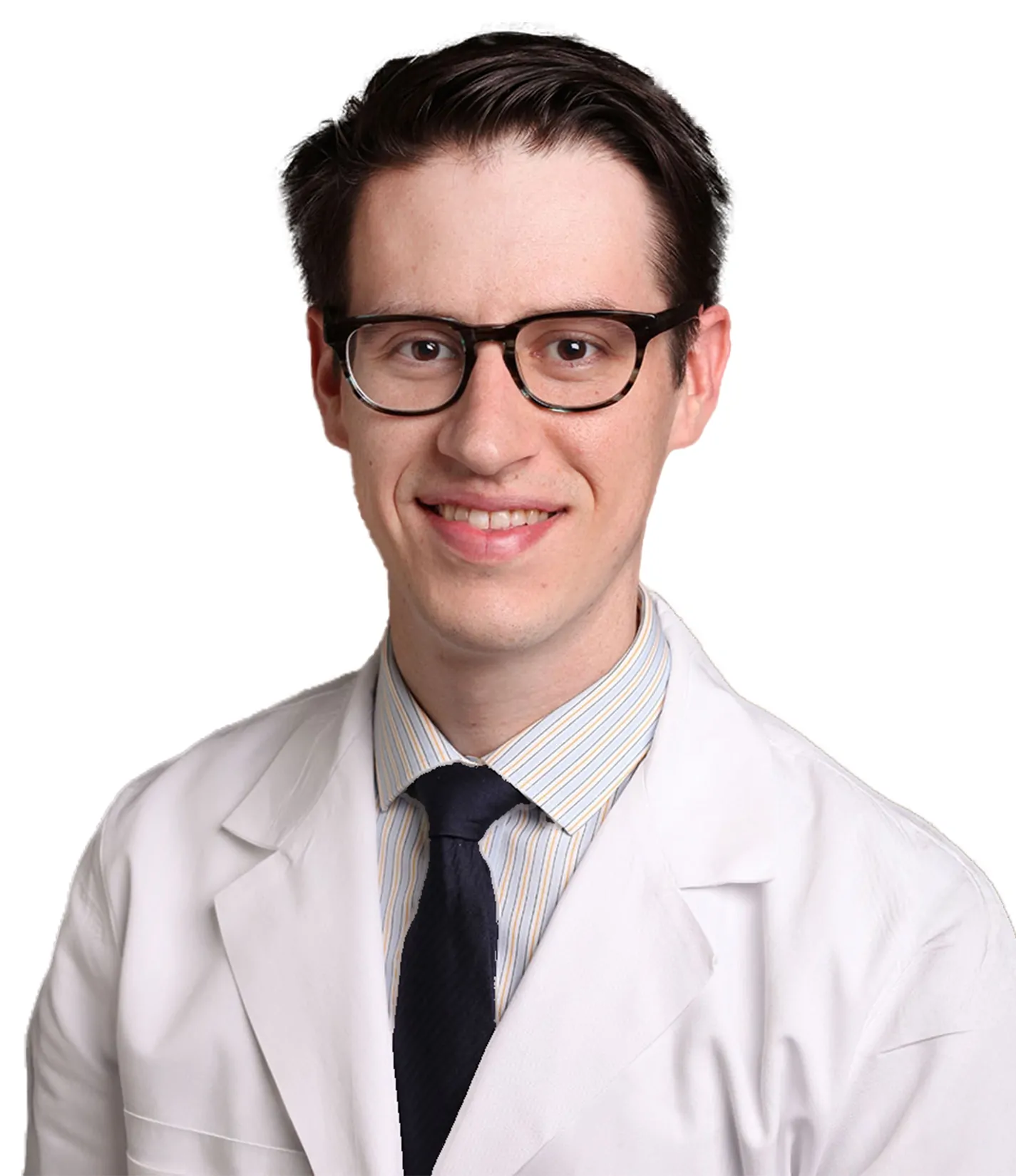 A man with short dark hair and glasses wearing a light suit, white shirt, and striped tie, smiling against a white background.