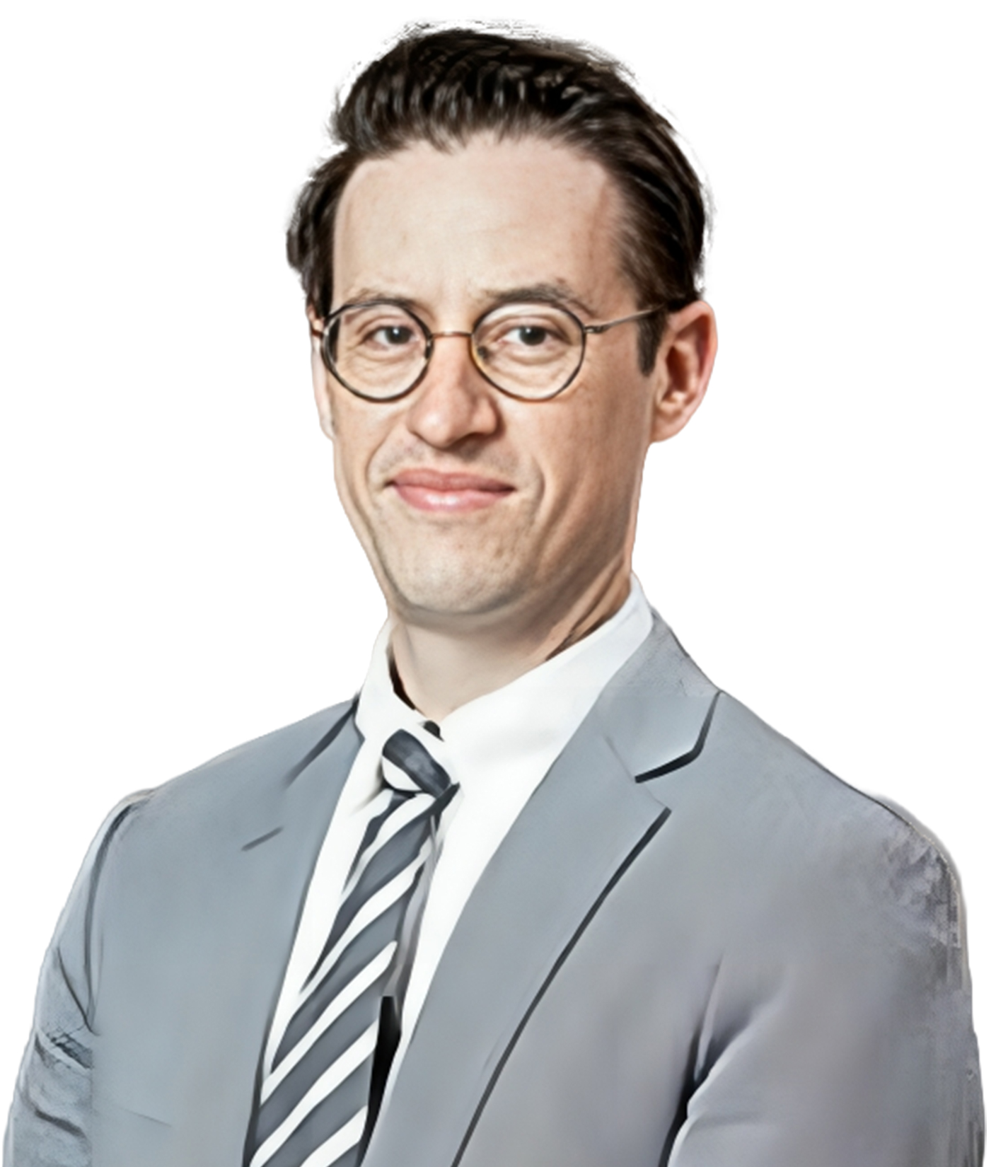 A man with short dark hair and glasses wearing a light suit, white shirt, and striped tie, smiling against a white background.