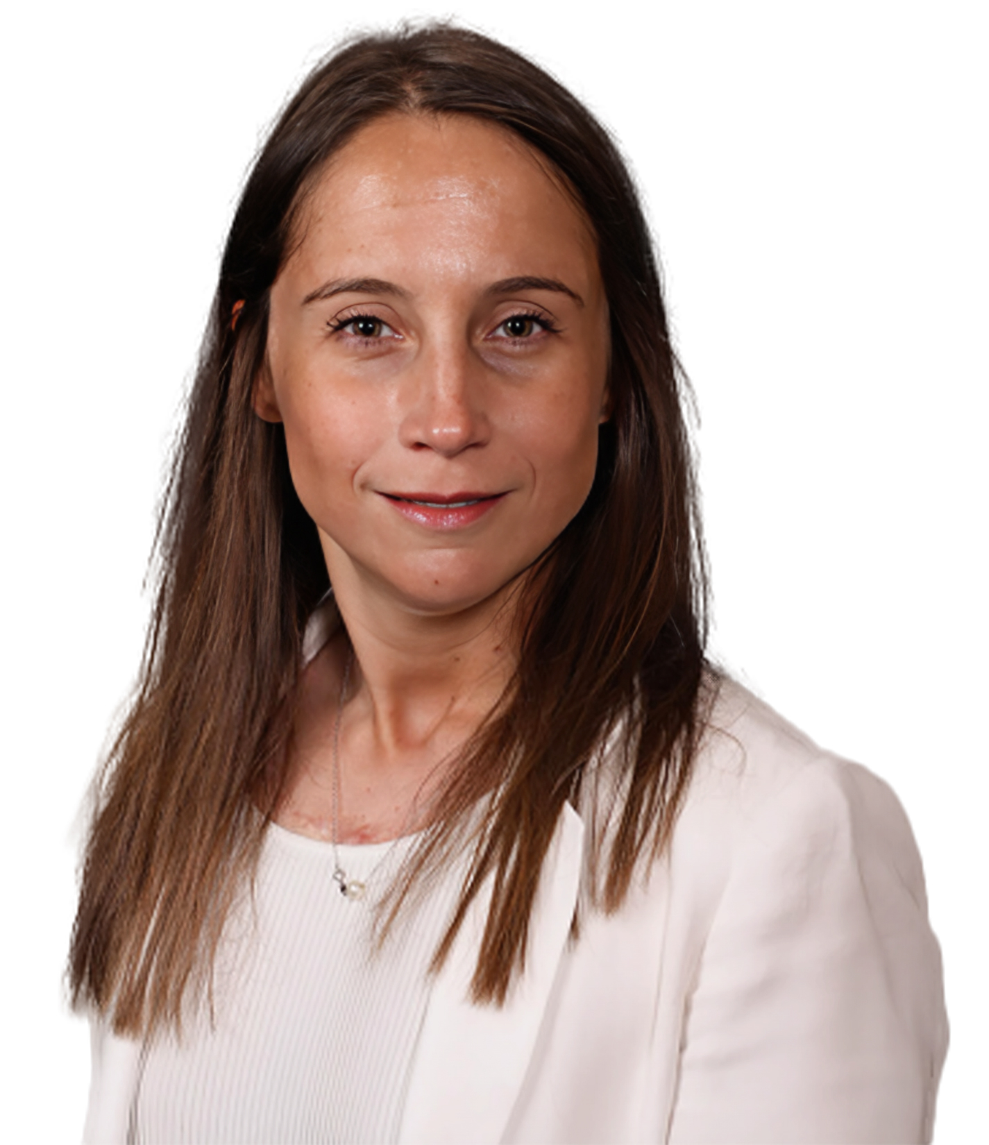 A woman with straight brown hair wearing a white blazer over a light top and a necklace, smiling slightly against a white background.
