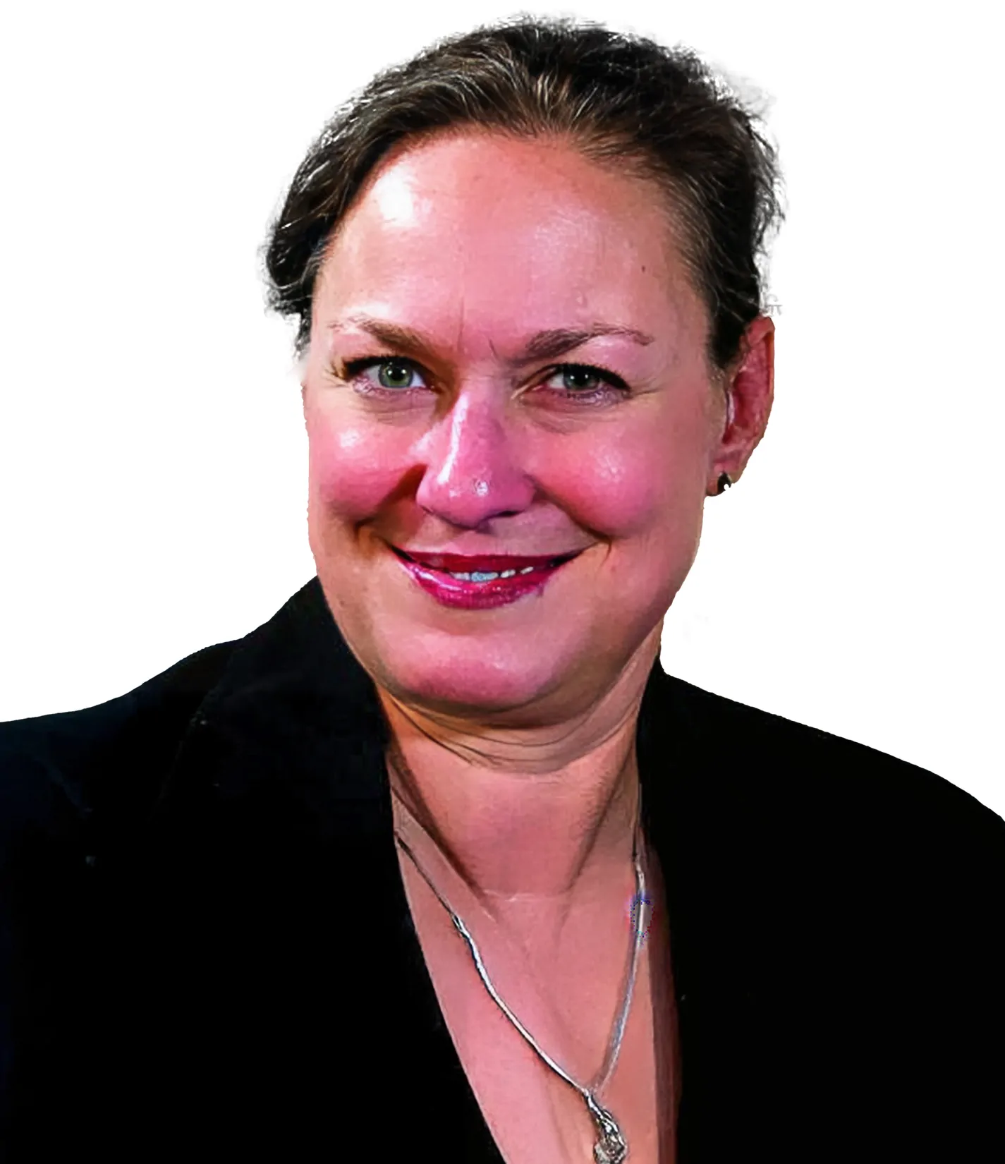 A woman with tied-back hair wearing a black blazer and necklace, smiling against a white background.