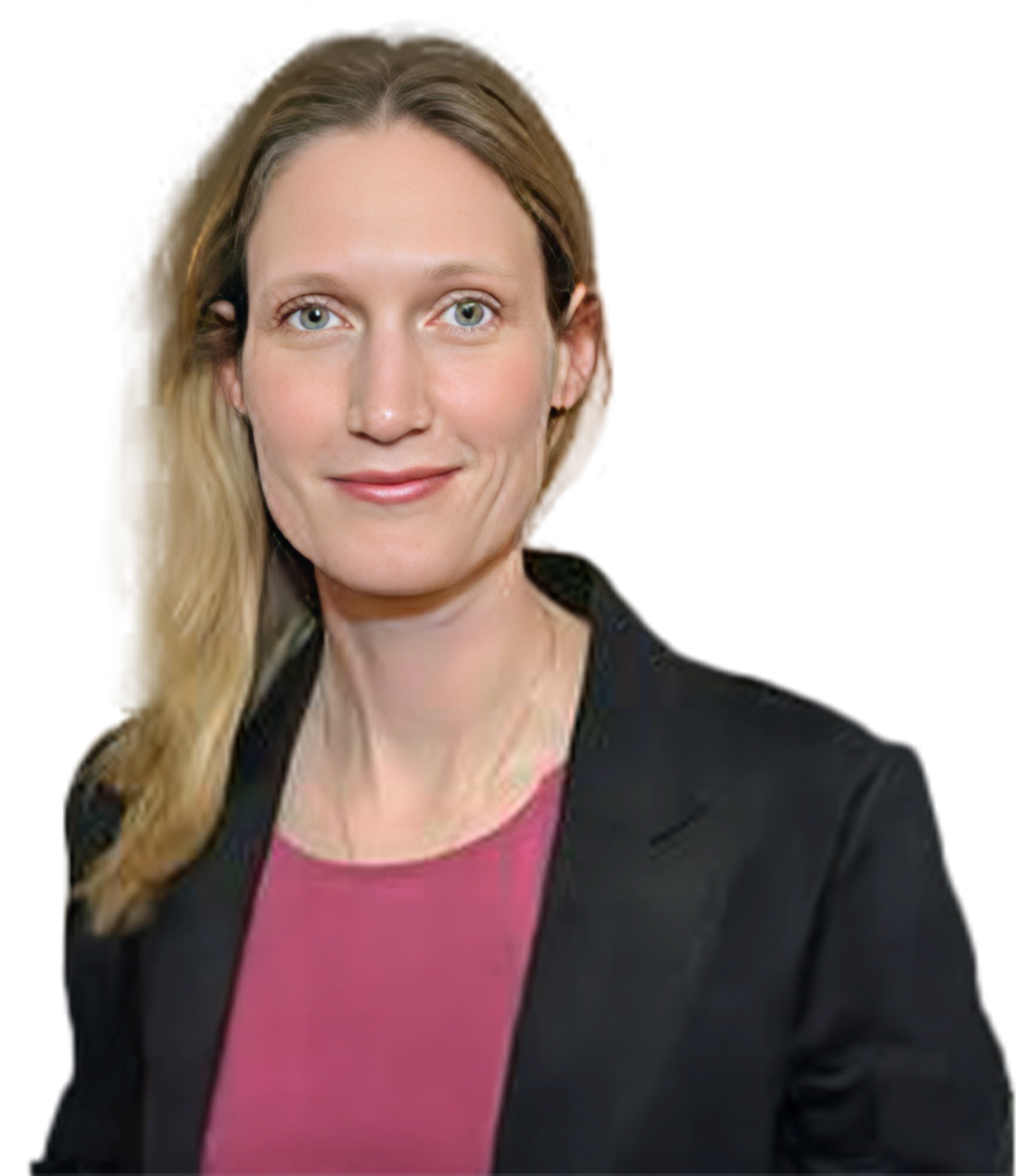 A woman with long light brown hair wearing a black blazer over a pink top, smiling slightly against a white background.