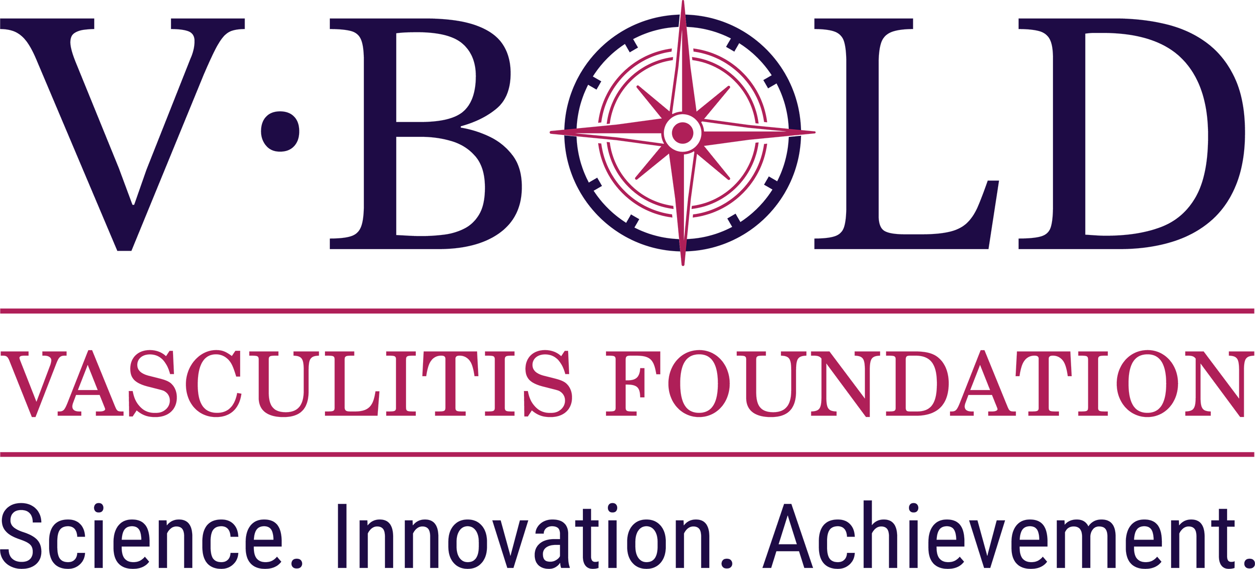 Logo for V-BOLD Vasculitis Foundation. The word “V-BOLD” is in large navy text with a magenta compass design inside the letter O. Below, “Vasculitis Foundation” appears in magenta capital letters within a horizontal box. The tagline underneath reads: “Science. Innovation. Achievement.” in navy text.