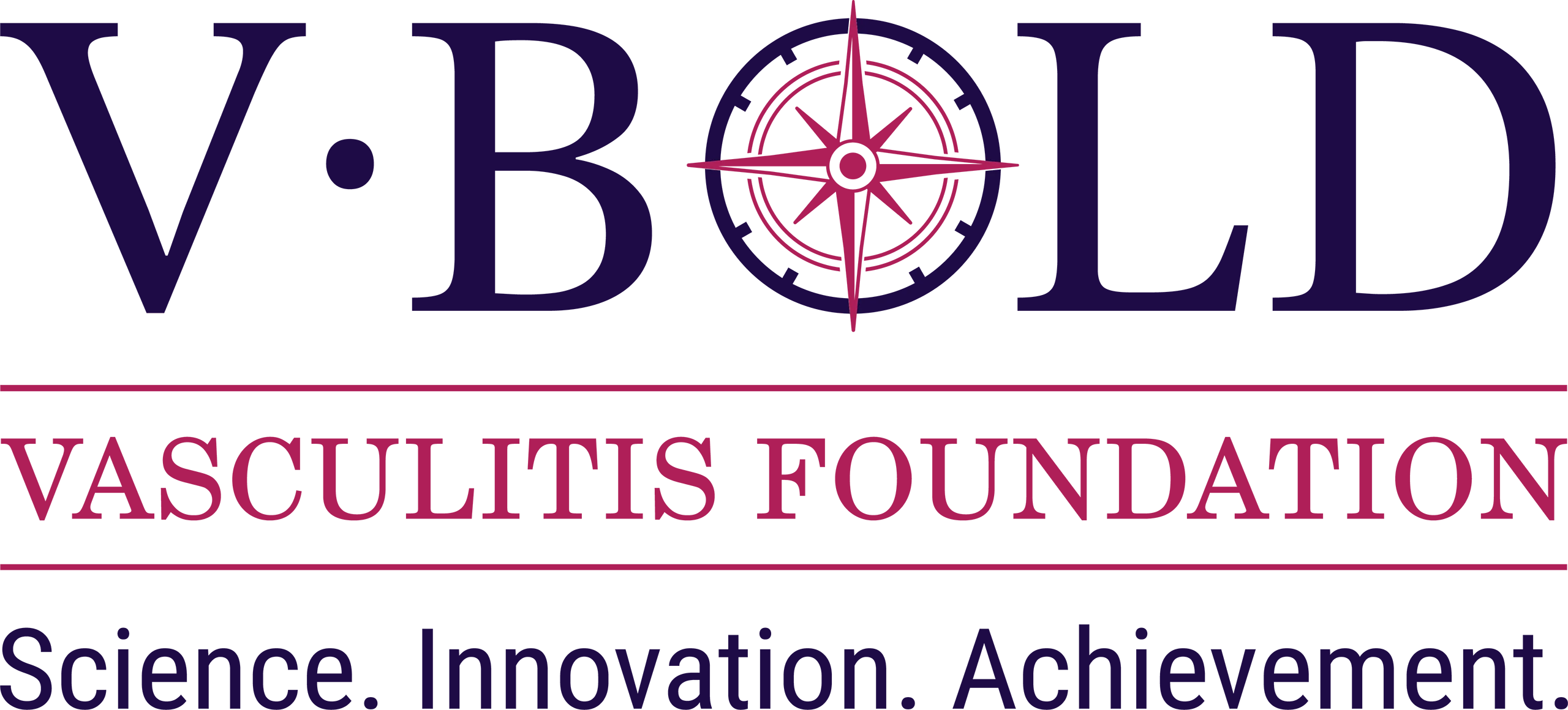 Logo for V-BOLD Vasculitis Foundation. The word “V-BOLD” is in large navy text with a magenta compass design inside the letter O. Below, “Vasculitis Foundation” appears in magenta capital letters within a horizontal box. The tagline underneath reads: “Science. Innovation. Achievement.” in navy text.