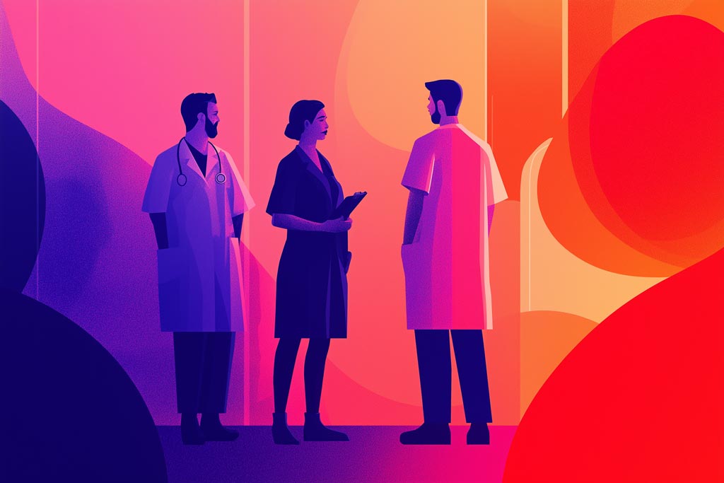 Stylized illustration of three medical professionals standing together and conversing, two in white lab coats and one in dark clothing holding a tablet, set against a vibrant red, orange, and purple abstract background.