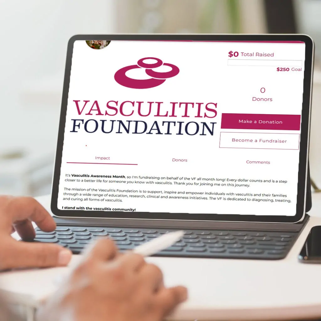 Close-up of a person using a tablet showing an online fundraiser page for the Vasculitis Foundation. The page displays the foundation’s logo, donation progress bar, and buttons to donate or become a fundraiser.