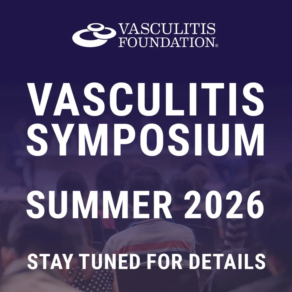 Graphic announcing Vasculitis Symposium Summer 2026 with Vasculitis Foundation logo.