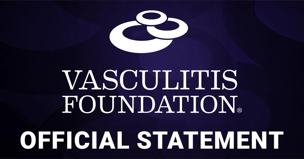 Vasculitis Foundation graphic featuring the organization’s logo and the words “Official Statement” on a dark purple background.