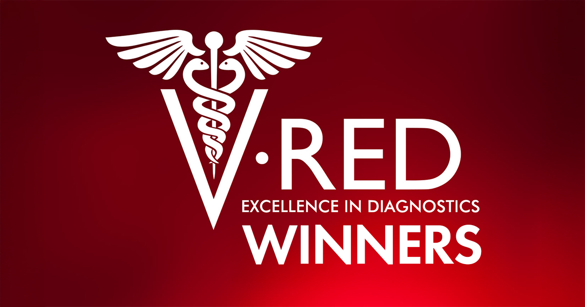 V-RED Excellence in Diagnostics Winners graphic featuring a white medical caduceus symbol forming a “V” and the words “V-RED Excellence in Diagnostics Winners” on a red background.