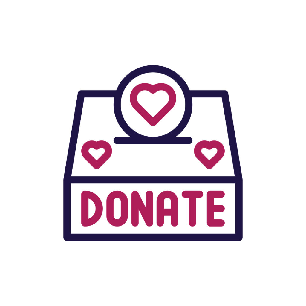 Illustration of a donation box labeled “DONATE” with heart symbols, representing giving or contributions.