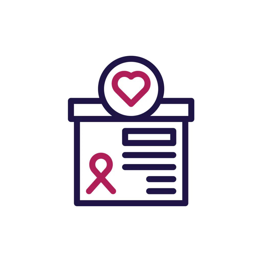 Illustration of a donation box with a heart symbol and ribbon, representing fundraising support.