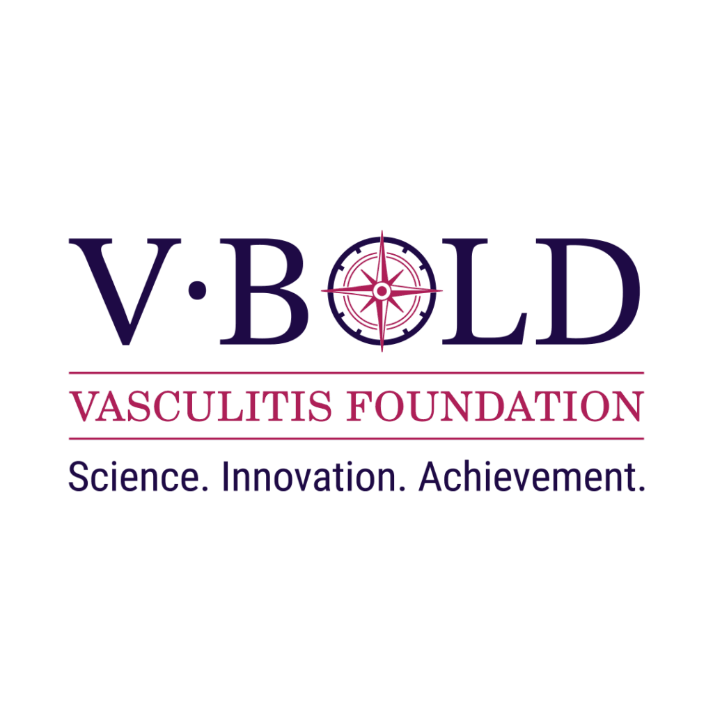 V-BOLD logo for the Vasculitis Foundation with a compass symbol and the words “Science. Innovation. Achievement.”