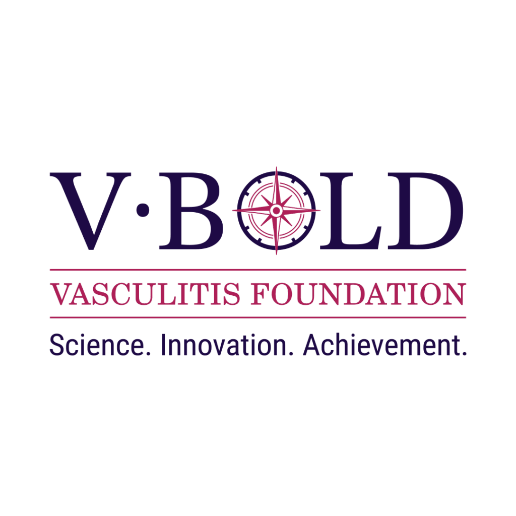 V-BOLD logo for the Vasculitis Foundation with a compass symbol and the words “Science. Innovation. Achievement.”