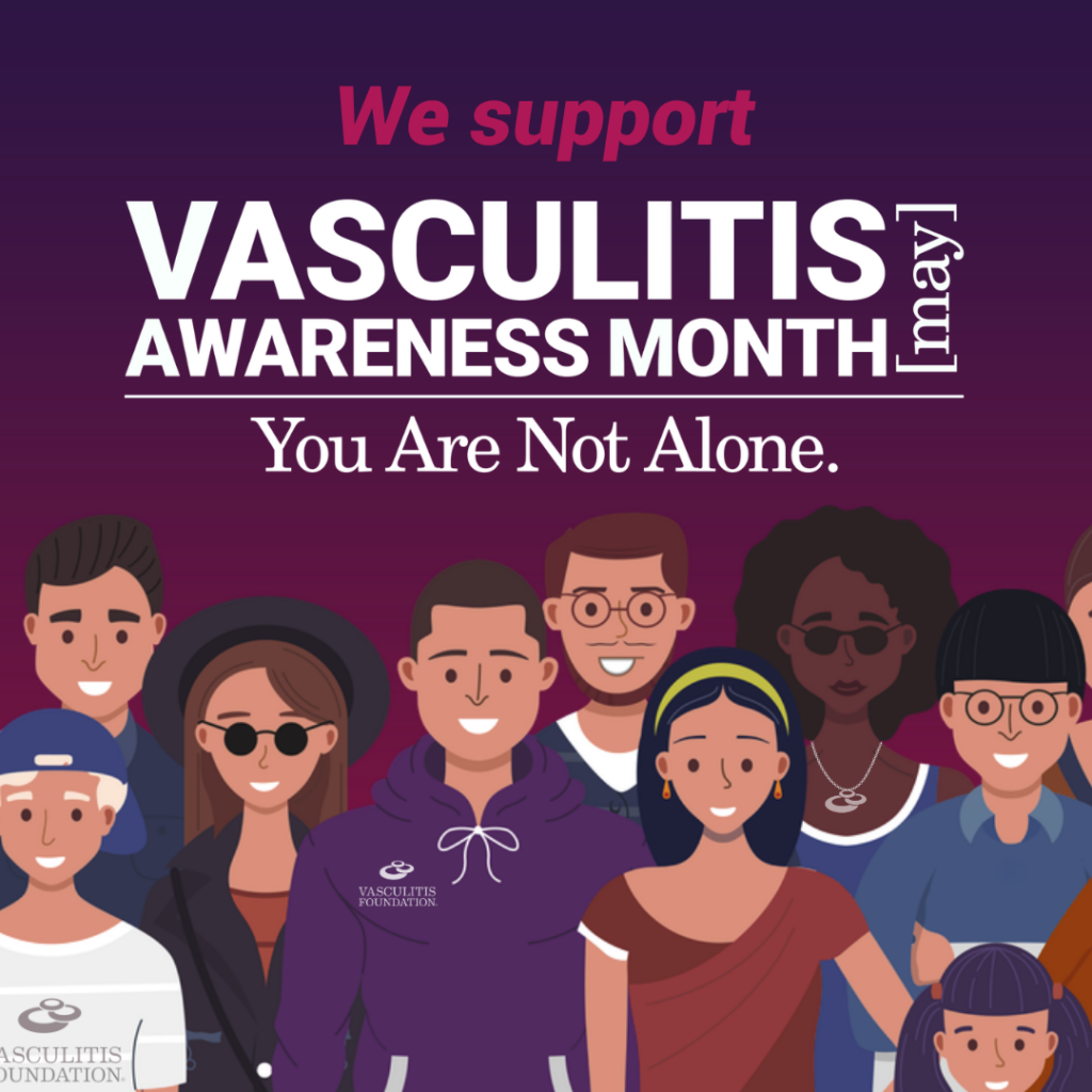 Illustrated group of diverse people standing together under text reading “We support Vasculitis Awareness Month” and “You Are Not Alone.”
