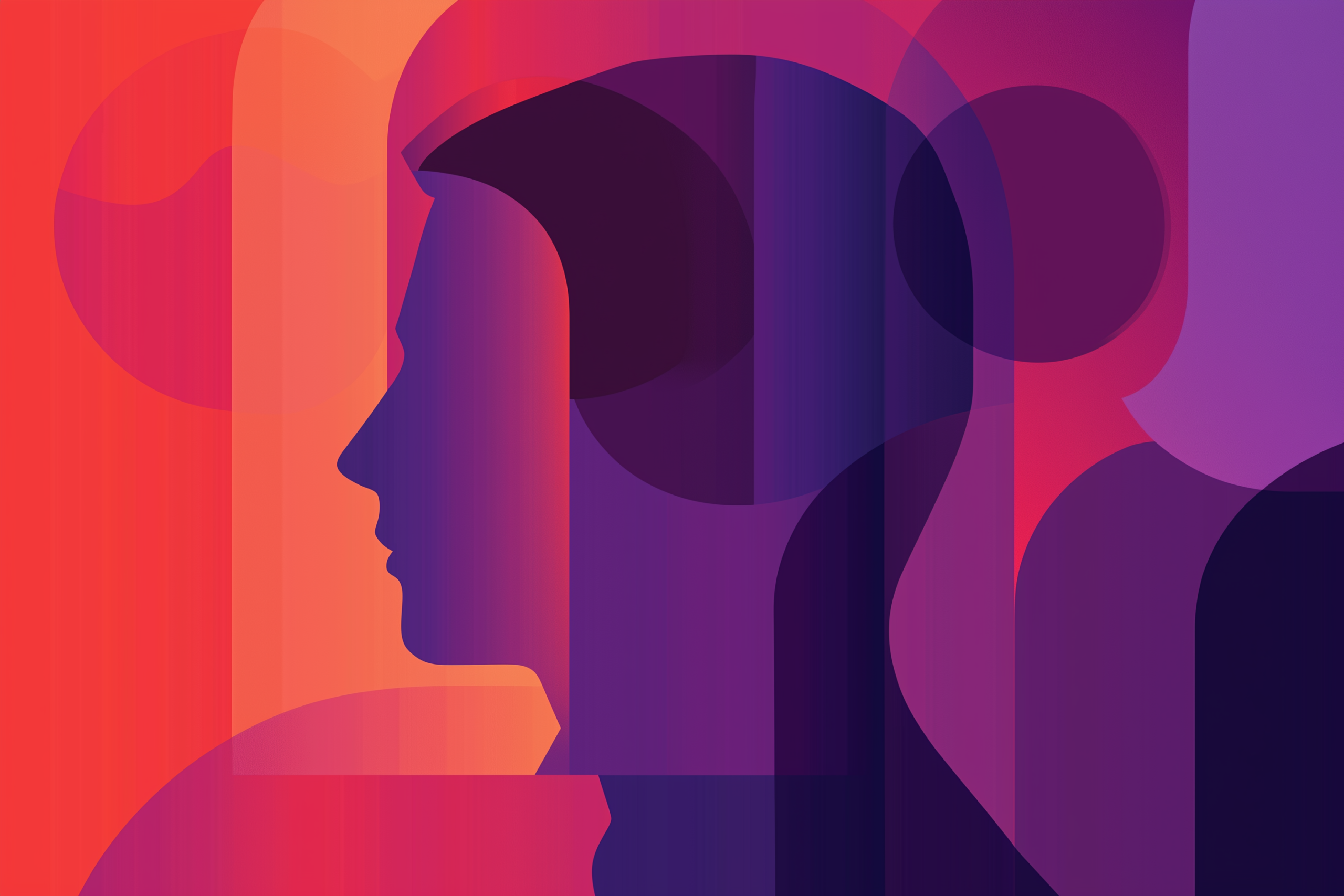 Abstract profile of a person layered with geometric shapes in shades of purple, pink, orange, and red