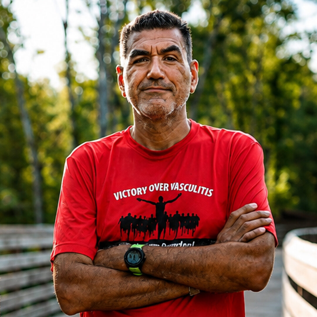 Man standing with his arms crossed on a wooded boardwalk, wearing a red “Victory Over Vasculitis” T-shirt.
