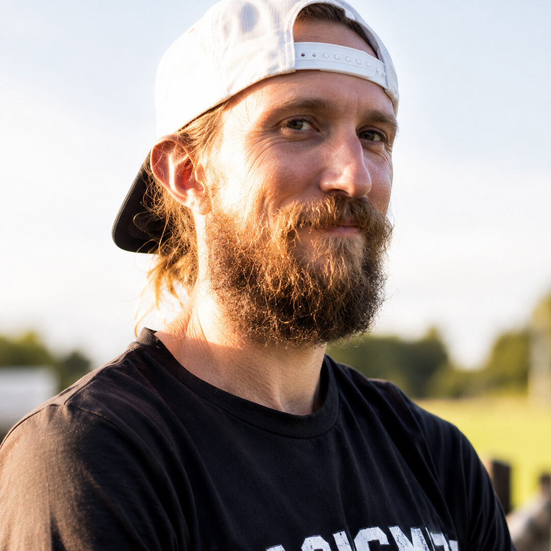 Bearded man wearing a backward white baseball cap and black T-shirt, standing outdoors in warm sunlight.