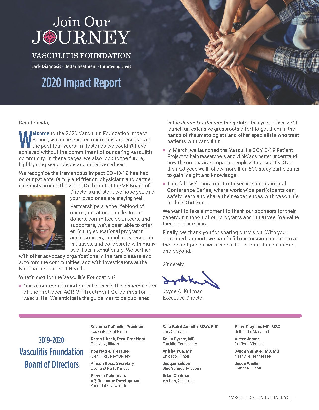 Page from the Vasculitis Foundation’s 2020 Impact Report featuring a letter from Executive Director Joyce Kullman highlighting the organization’s accomplishments, COVID-19 response, research initiatives, virtual programming, and 2019–2020 Board of Directors.