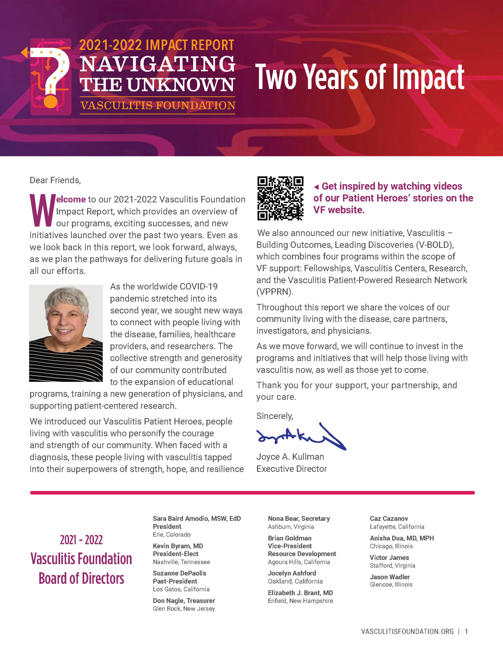 Page from the Vasculitis Foundation’s 2021–2022 Impact Report, “Navigating the Unknown,” featuring a letter from Executive Director Joyce Kullman about the Foundation’s programs, patient stories, research initiatives, and growth during the COVID-19 pandemic.