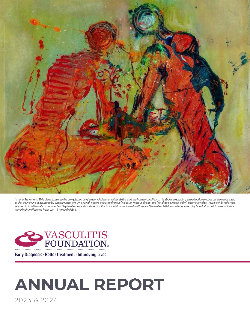 Cover of the Vasculitis Foundation’s 2023–2024 Annual Report featuring colorful abstract artwork depicting two human figures, with the Vasculitis Foundation logo and report title below.