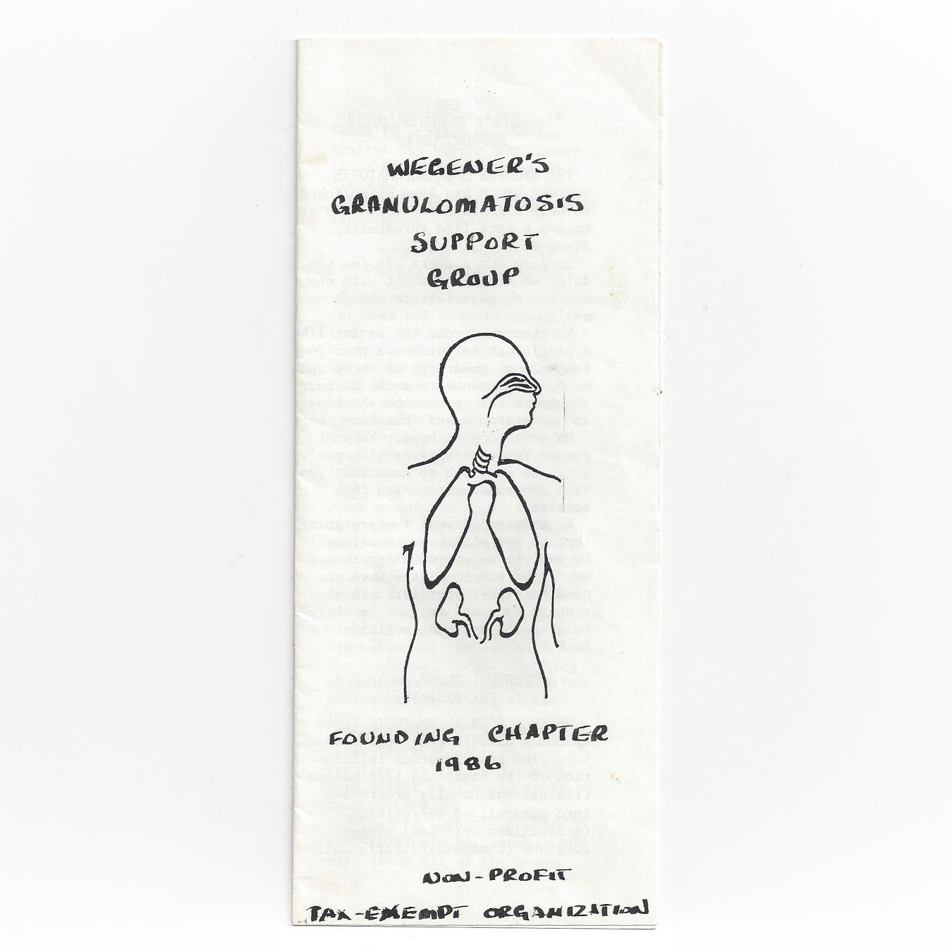 Original 1986 brochure for the Wegener’s Granulomatosis Support Group, featuring a hand-drawn illustration of the respiratory system and kidneys and the words “Founding Chapter 1986.”