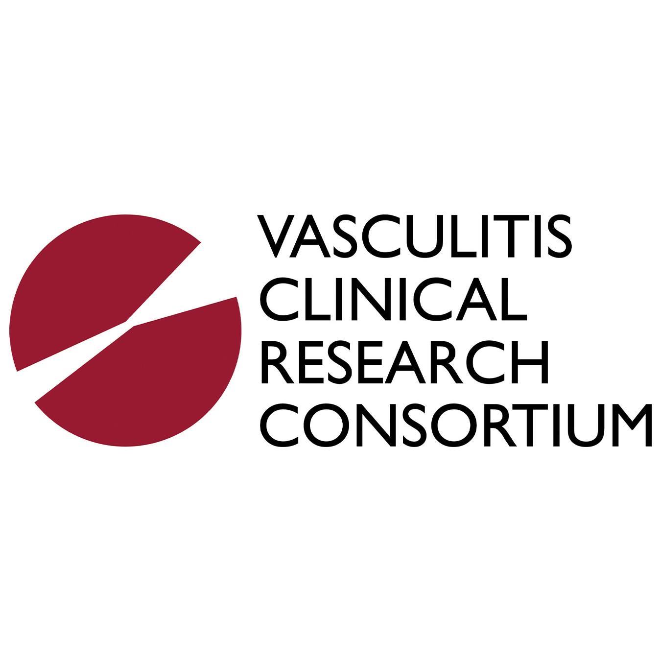 Logo of the Vasculitis Clinical Research Consortium featuring a burgundy circular symbol divided by a diagonal white line, alongside the organization's name in black text.