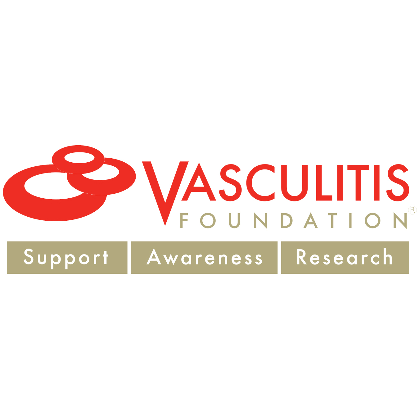 Earlier Vasculitis Foundation logo featuring three interlocking red rings, the organization's name, and the words “Support, Awareness, Research.”