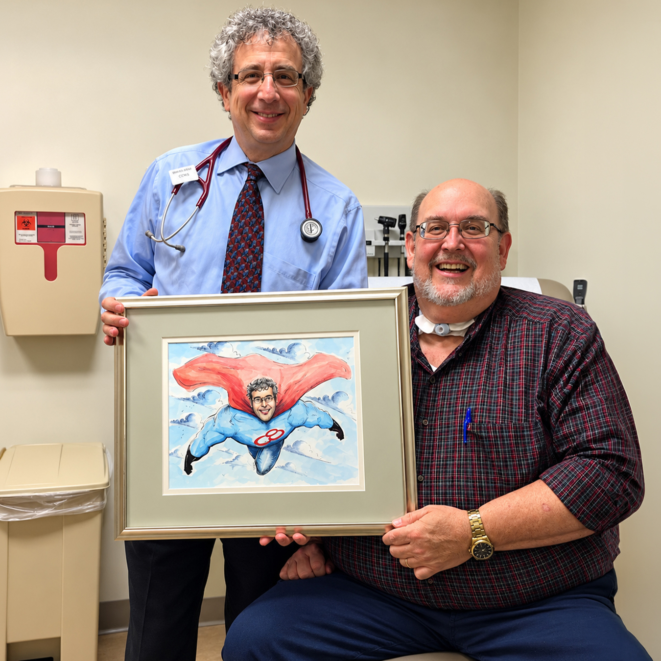 Victor James sits beside a smiling physician in a medical examination room as they hold a framed illustration of a superhero wearing a red cape.