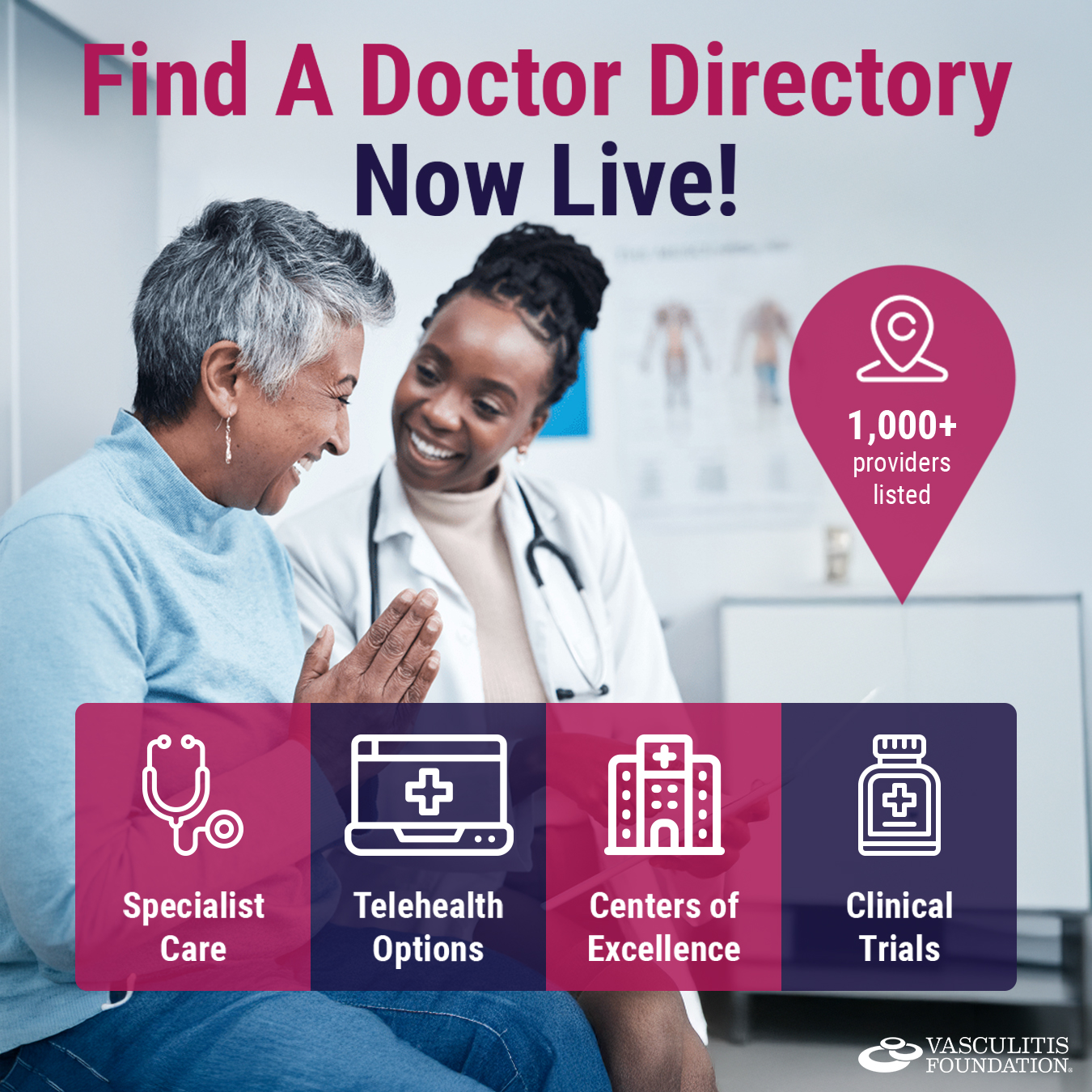 Vasculitis Foundation graphic announcing the launch of the Find a Doctor Directory, featuring a smiling patient and healthcare provider, a callout highlighting 1,000+ providers, and icons representing specialist care, telehealth options, Centers of Excellence, and clinical trials.