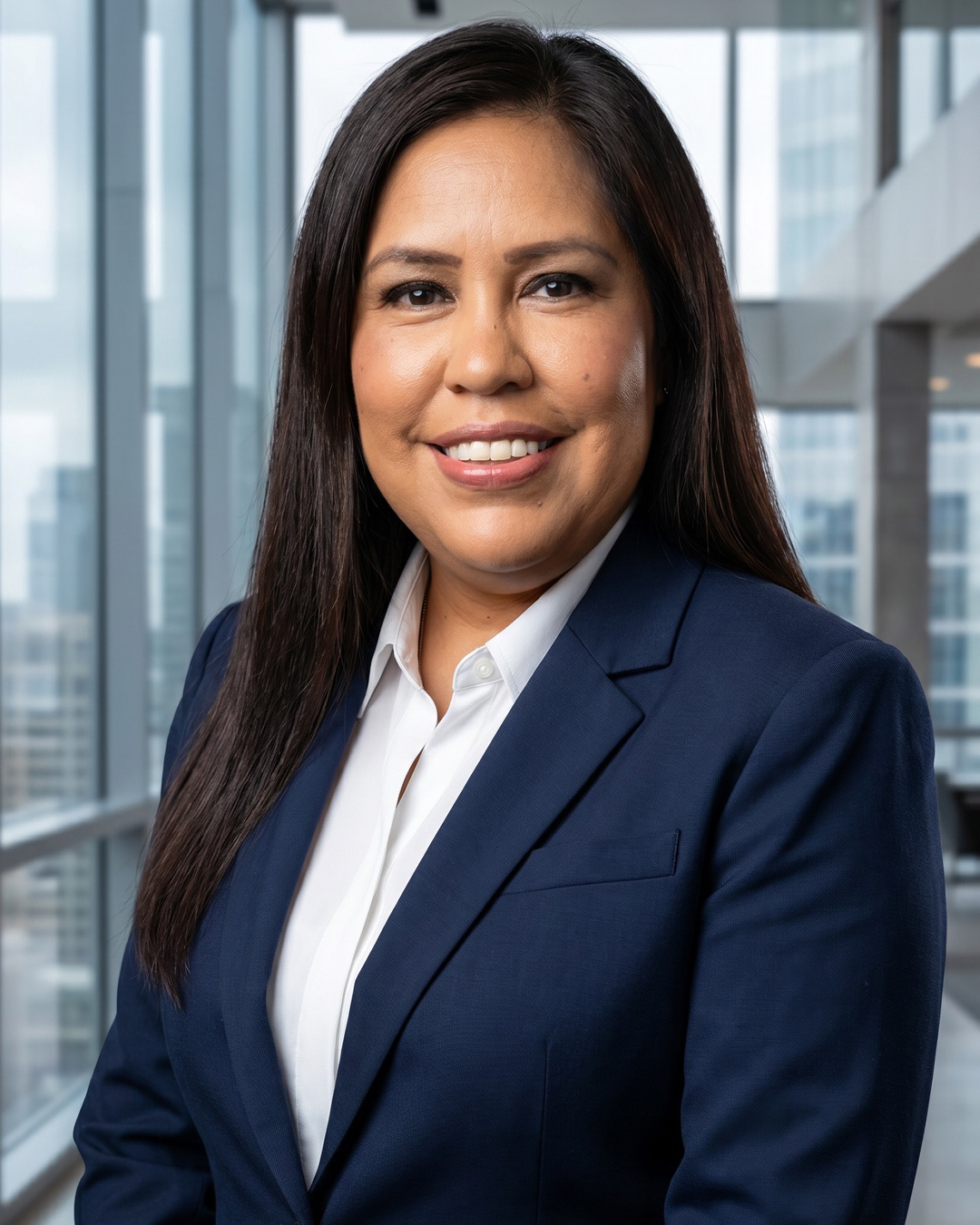 Professional headshot of a smiling woman with long, dark brown hair wearing a navy blazer over a white collared shirt, standing in a modern office with large windows.