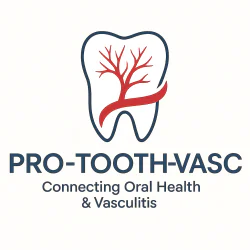 Pro-Tooth-Vasc logo that have a tooth with a tree inside of it and text underneath that says "Pro-Tooth-Vasc" "Connecting Oral Health & Vasculitis"