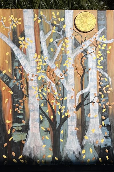 Painting of a forest at night