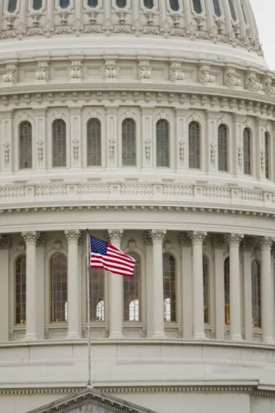 close up US capitol and flag